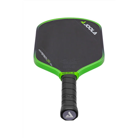 White background, product image of the JOOLA Ben Johns Hyperion 3S pickleball paddle. Black and green edge guard, black handle. Paddle laid down to show off the weighted end-cap at the paddle handle base.