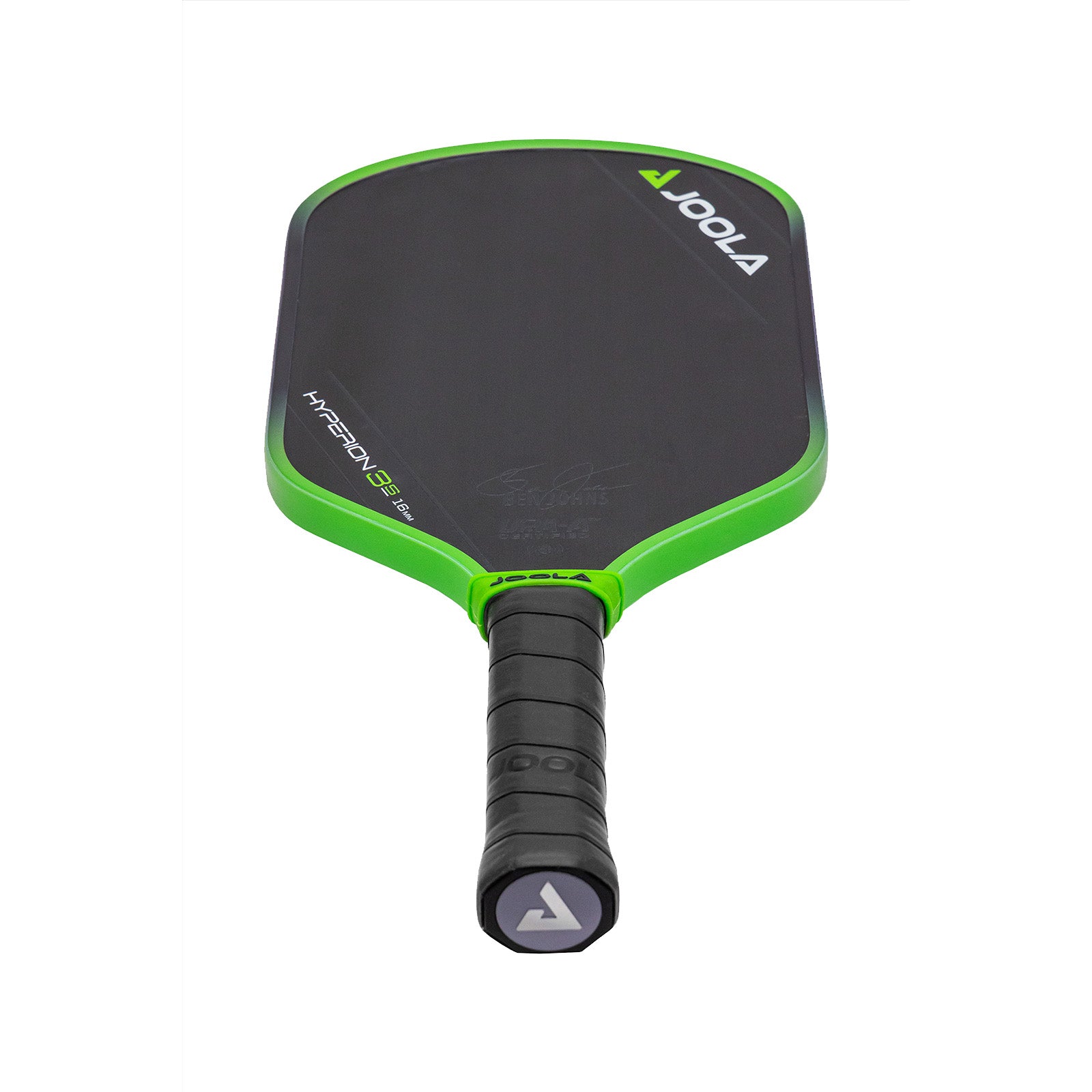 White background, product image of the JOOLA Ben Johns Hyperion 3S pickleball paddle. Black and green edge guard, black handle. Paddle laid down to show off the weighted end-cap at the paddle handle base.