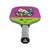 White Background Image: JOOLA x BRITTO paddle, grey handle, lime green and purple paddle face with an image of a cat in BRITTO art stye.